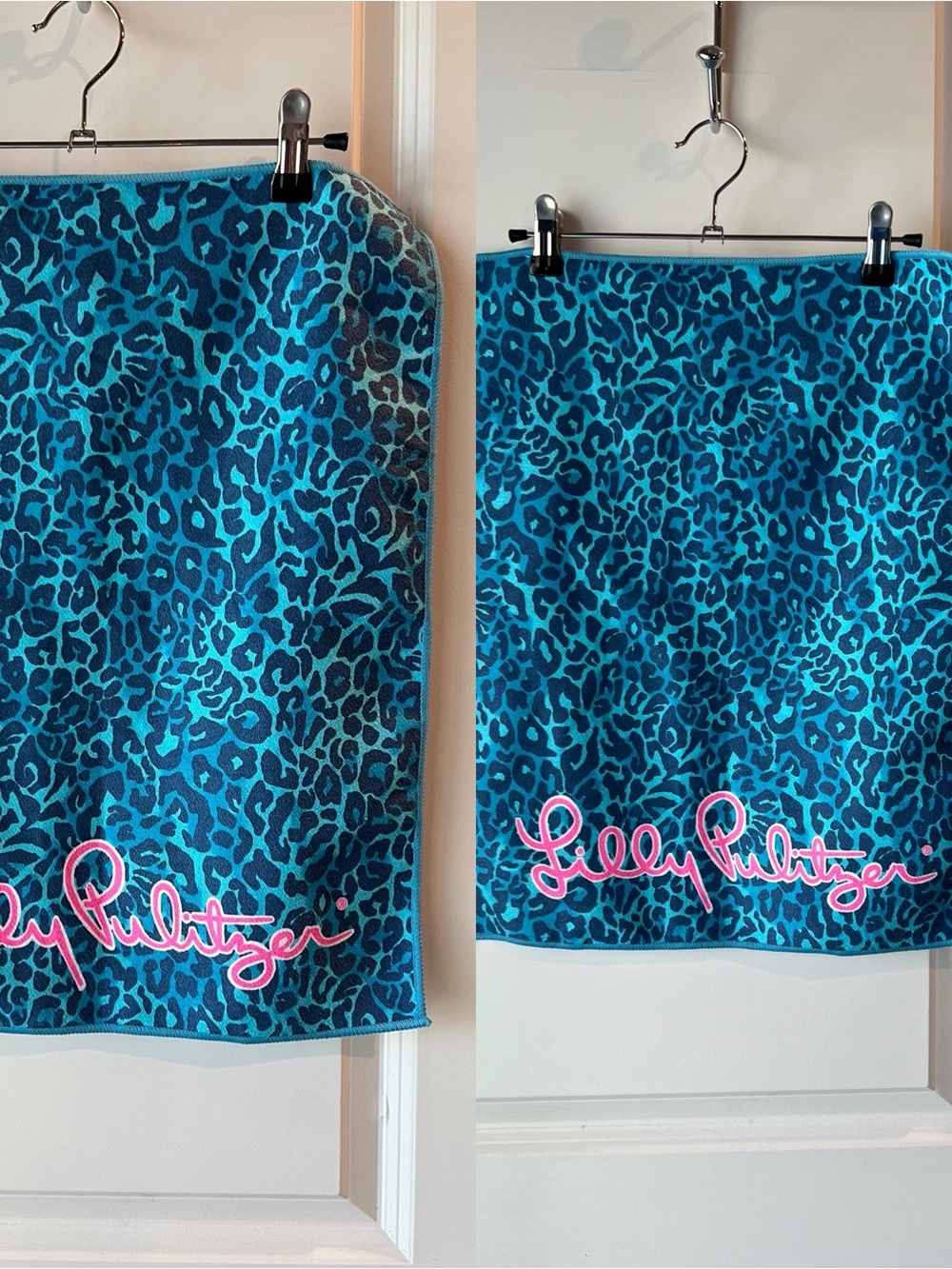 Lilly Pulitzer Turquoise & Navy Leopard Print workout towels with Pink Script